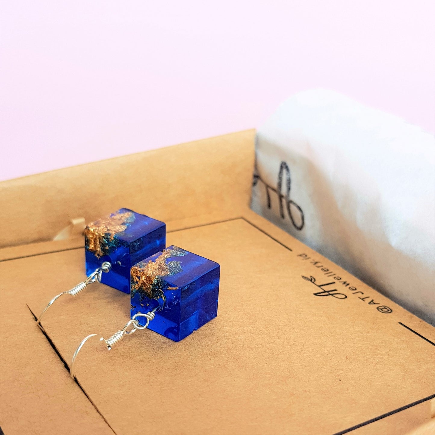 Signature Blue with Gold Leaf Cube Earring