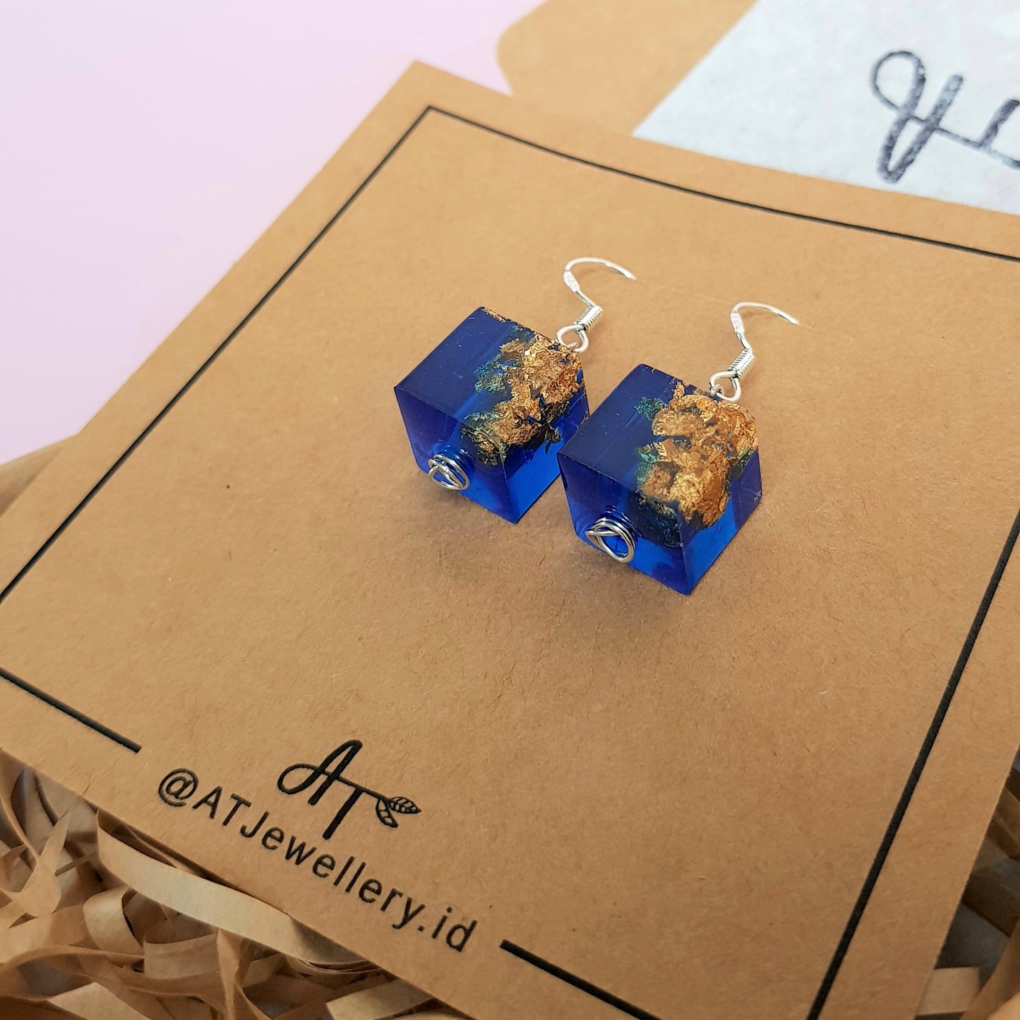 Signature Blue with Gold Leaf Cube Earring