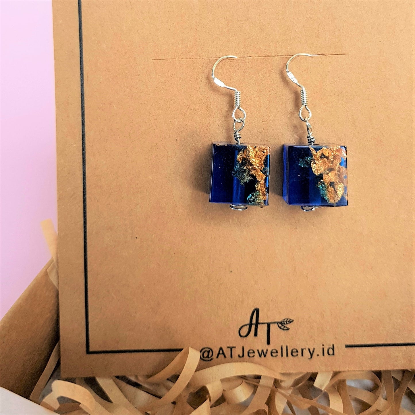 Signature Blue with Gold Leaf Cube Earring