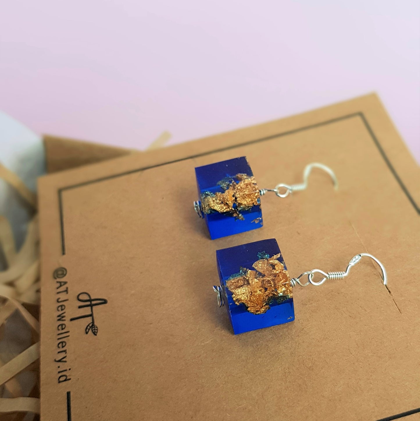 Signature Blue with Gold Leaf Cube Earring