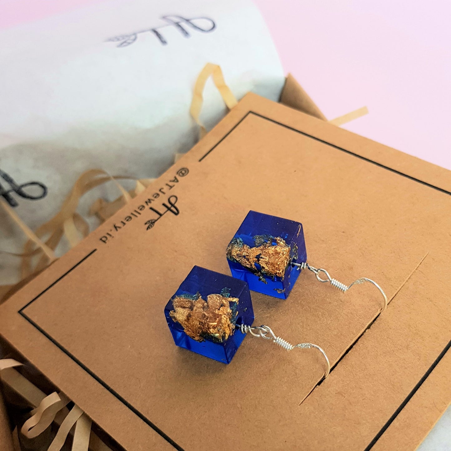 Signature Blue with Gold Leaf Cube Earring